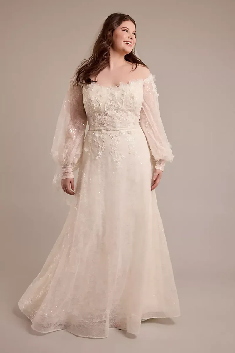 Melissa Sweet Billowy Long Sleeve Off-The-Shoulder Wedding Dress in Ivory/Stone Size: 18W David's Bridal