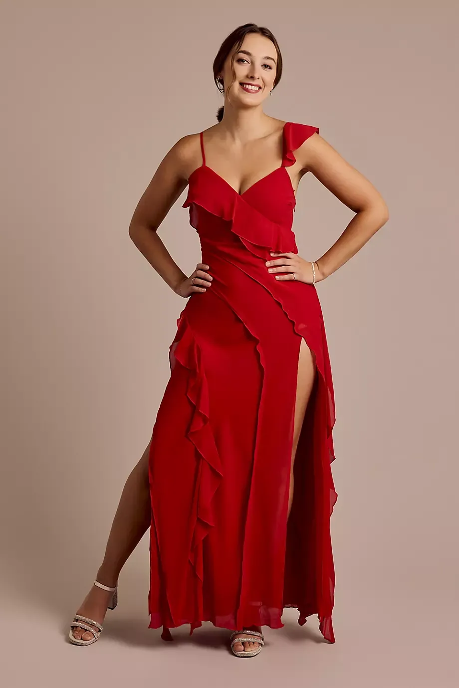 Crystal Doll Ruffle Chiffon Sheath Dress in Red Size: 1 David's Bridal