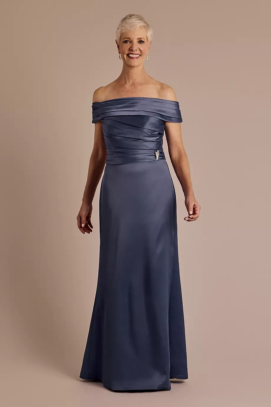 Oleg Cassini Off-The-Shoulder Matte Satin Pleated Bodice Sheath Dress in Dusk Size: 16 David's Bridal