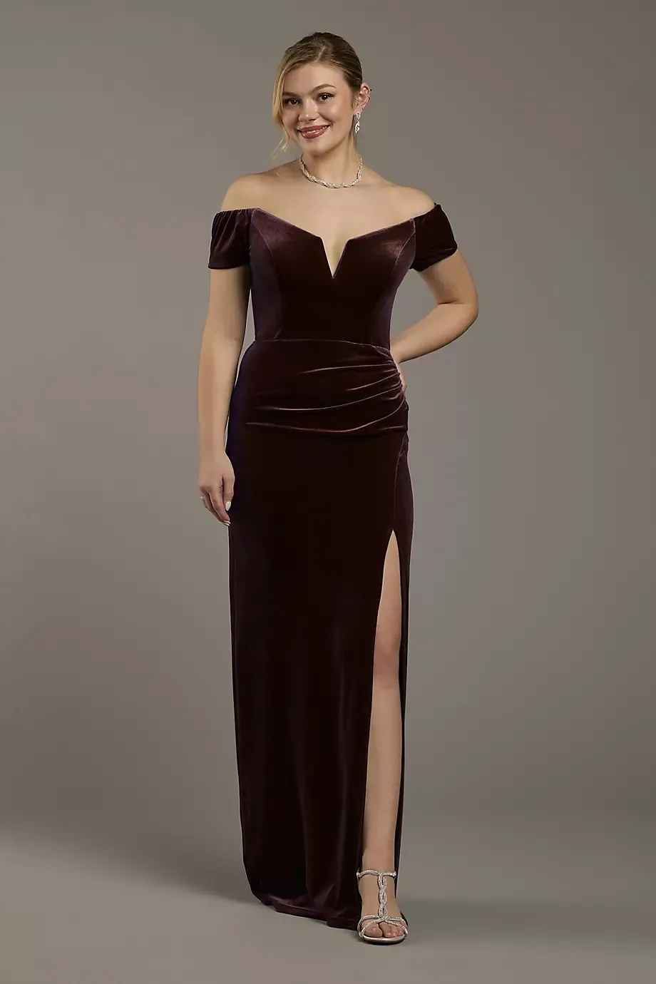 Galina Signature Velvet Off-The-Shoulder Notch Neck Sheath Dress in Wine Size: 16 David's Bridal