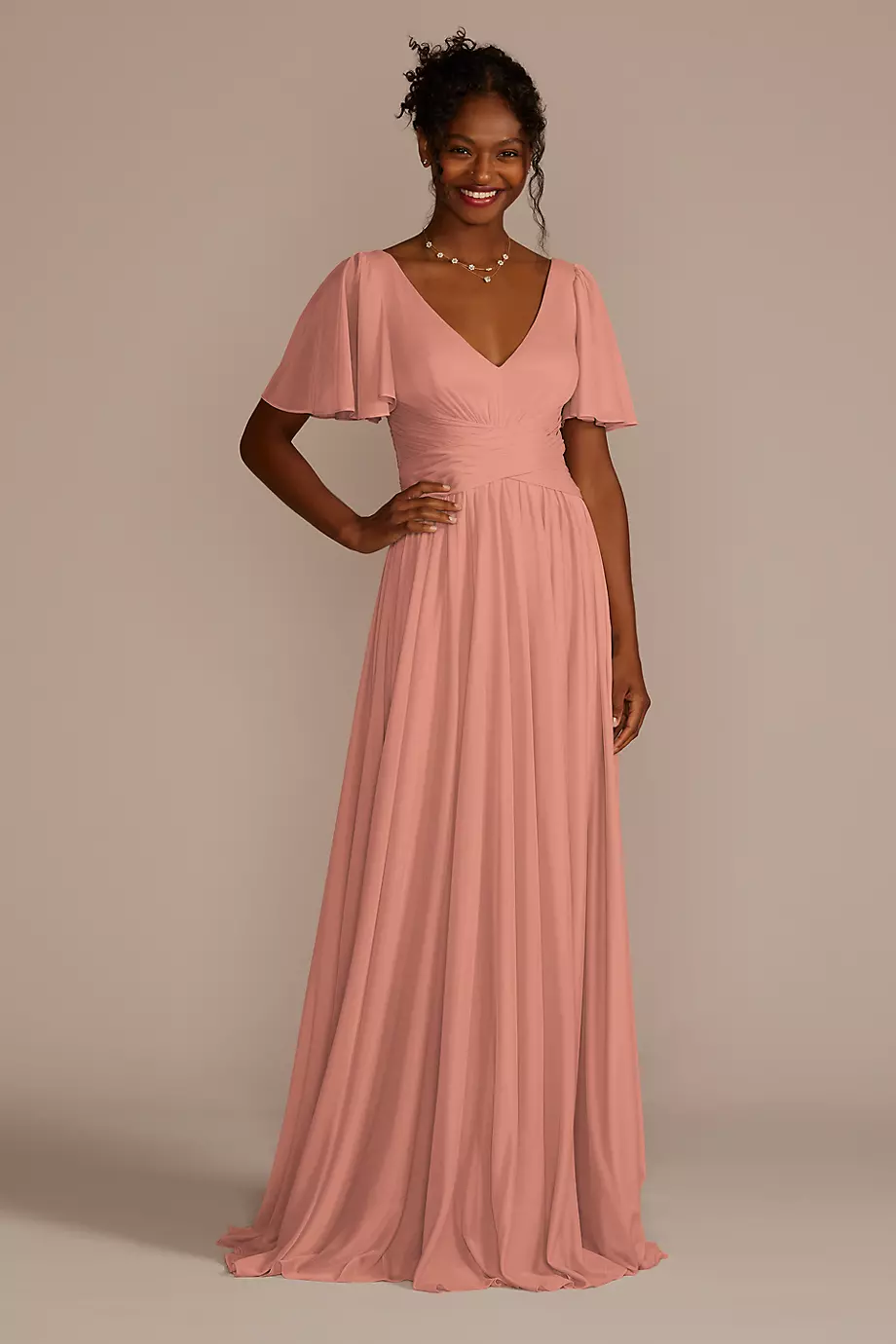 Celebrate DB Studio Flutter Sleeve Crisscross Mesh Bridesmaid Dress in Desert Coral Size: 22 David's Bridal