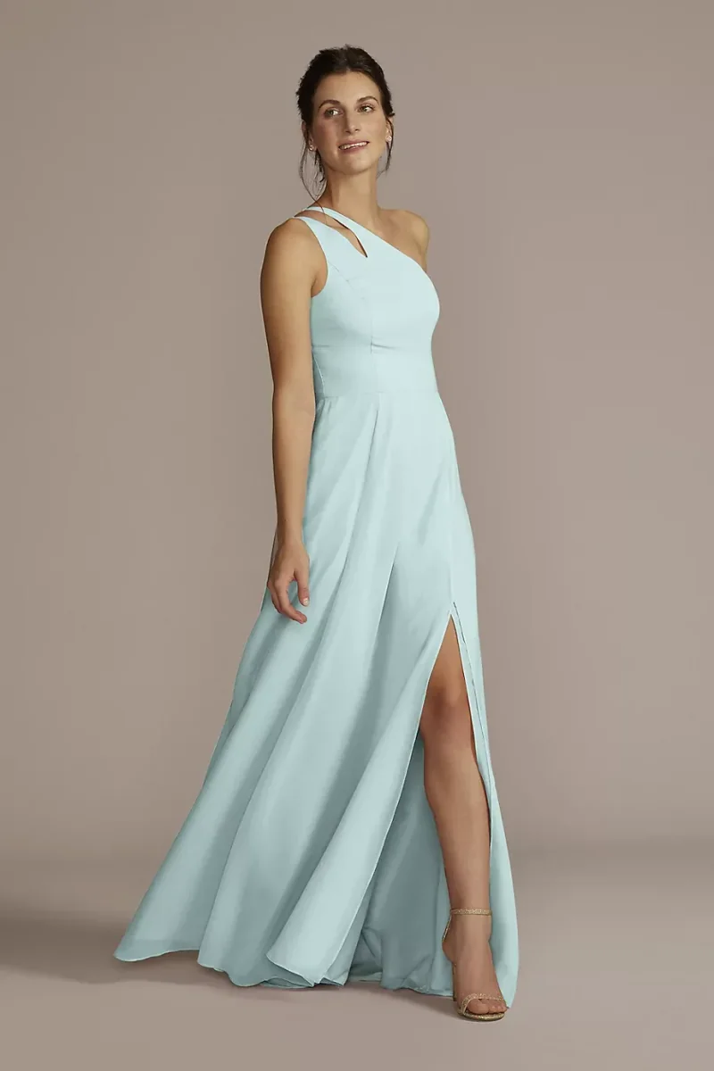 Celebrate DB Studio Chiffon One-Shoulder Cutout Dress in Sky Blue Size: 12 David's Bridal