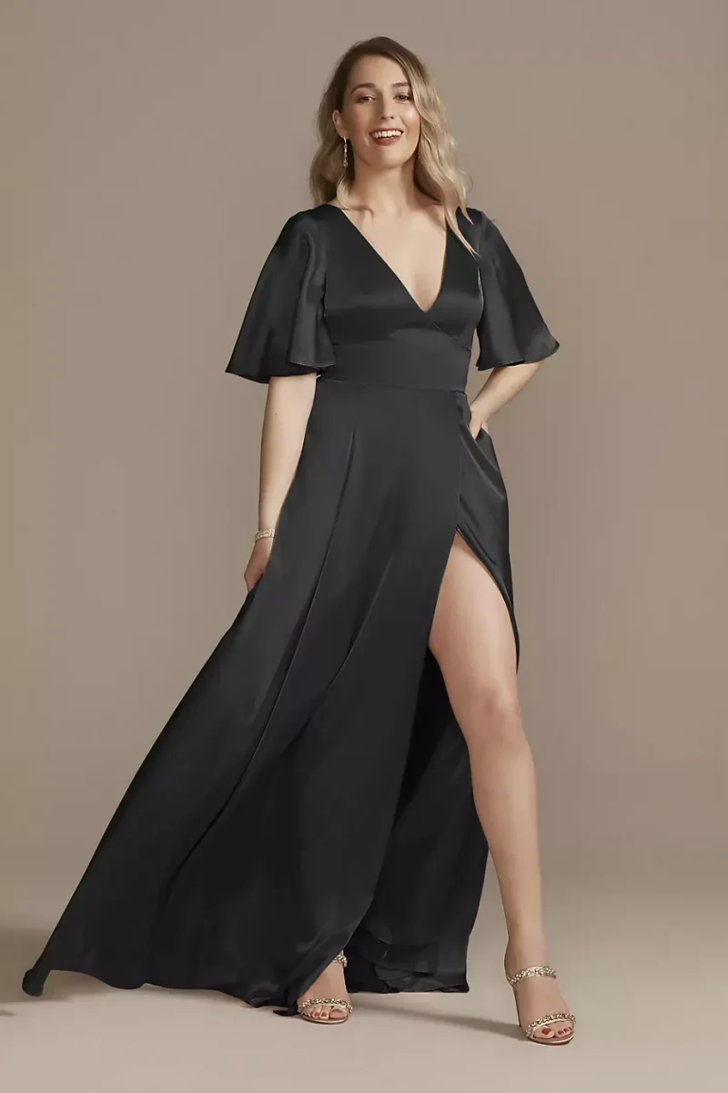 Galina Signature Tall Charmeuse Flutter-Sleeve Dress in Black Size: 30 David's Bridal
