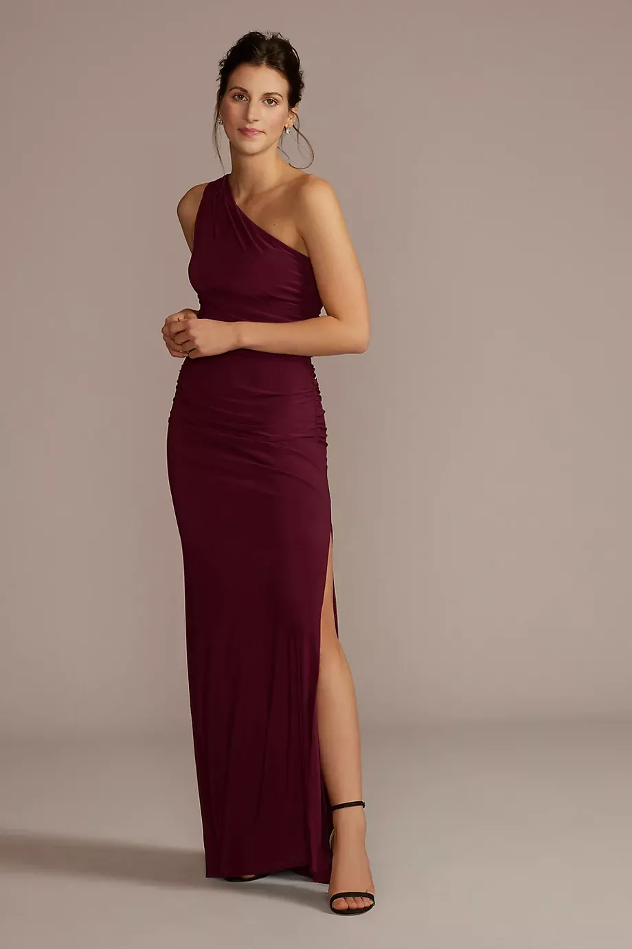 Celebrate DB Studio Ruched Jersey One-Shoulder Dress in Wine Size: 26 David's Bridal