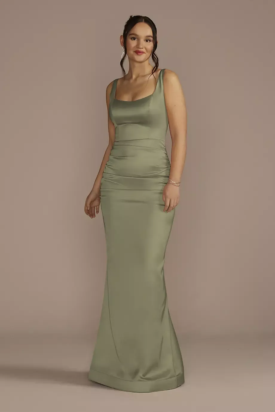 Galina Signature Stretch Satin Tank Dress With Train in Eucalyptus Size: 12 David's Bridal