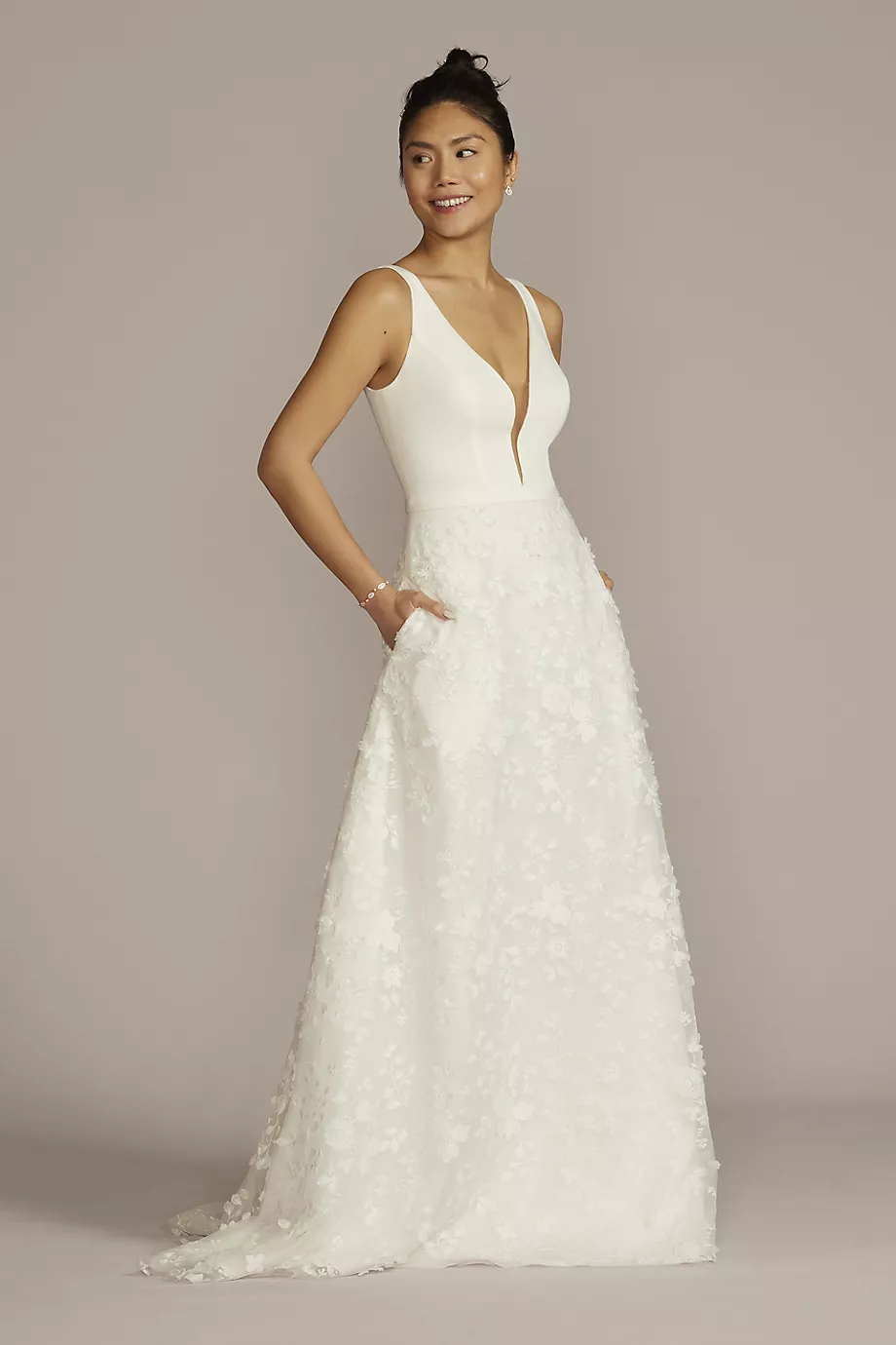DB Studio 3D Floral Crepe A-Line Wedding Dress With Pockets in Soft White Size: 12 David's Bridal