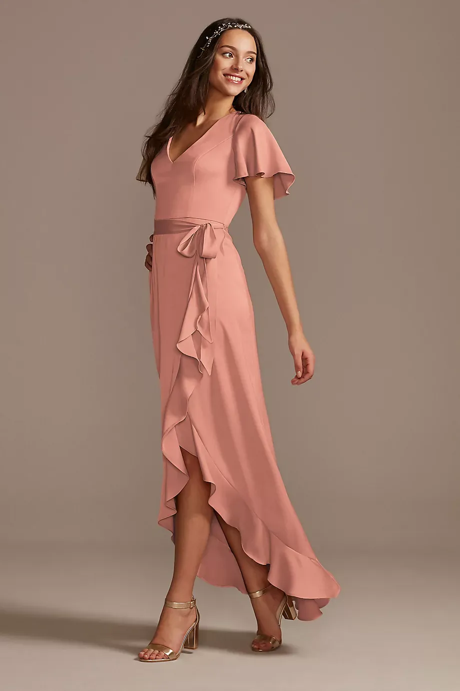 Celebrate DB Studio Flutter Sleeve Crepe Satin Ruffle Bridesmaid Dress in Desert Coral Size: 8 David's Bridal