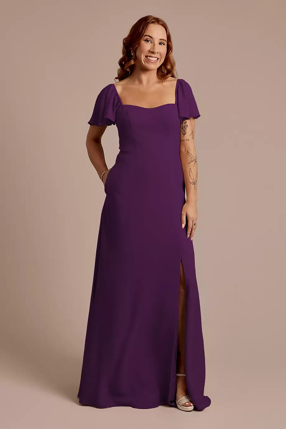 Celebrate DB Studio Chiffon Flutter Sleeve Dress With Basque Waist in Plum Size: 28 David's Bridal