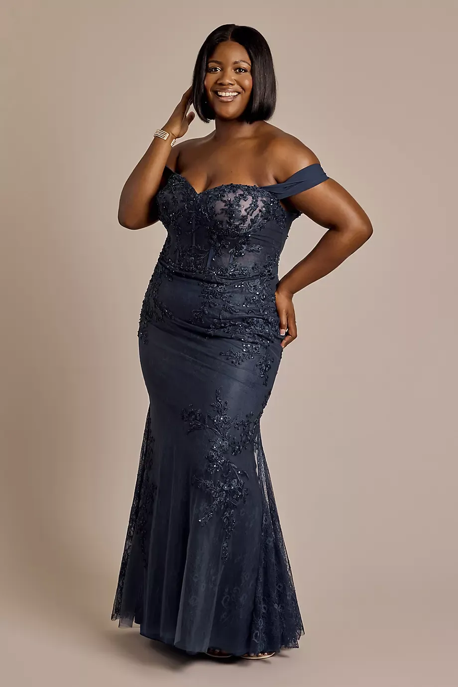 Galina Signature Off-The-Shoulder Beaded Applique Mermaid Dress in Navy Size: 22 David's Bridal
