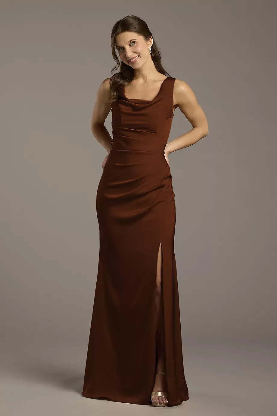 Galina Signature Matte Satin Cowl Neck Sheath Dress in Chocolate Size: 12 David's Bridal