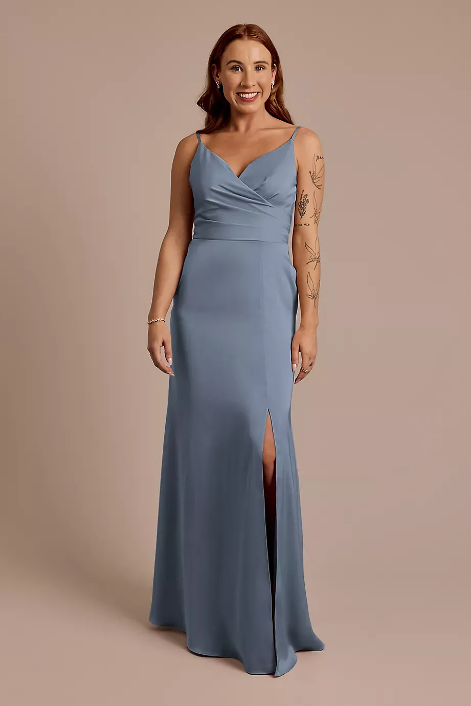 Celebrate DB Studio Matte Satin Spaghetti Strap Surplice A-Line Dress in Steel Blue Size: 26 David's Bridal