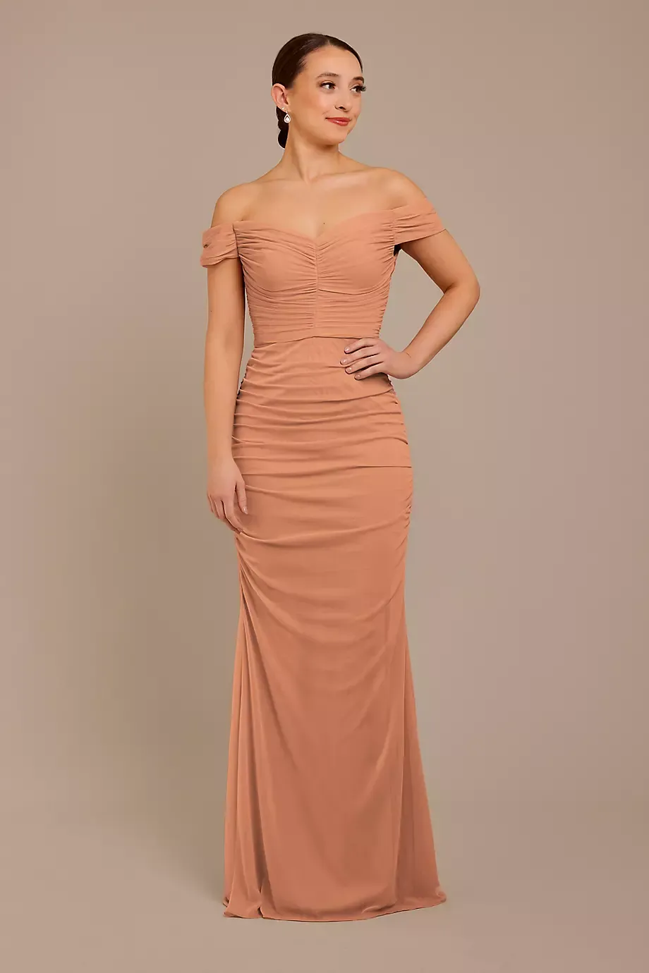 Celebrate DB Studio Mesh Off-The-Shoulder Ruched Dress in Terracotta Size: 4 David's Bridal