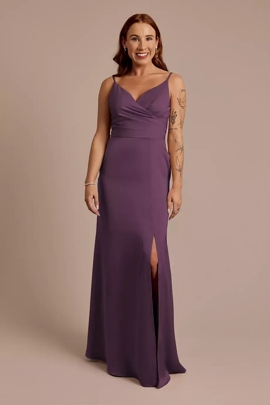 Celebrate DB Studio Matte Satin Spaghetti Strap Surplice A-Line Dress in Amethyst Size: 16 David's Bridal