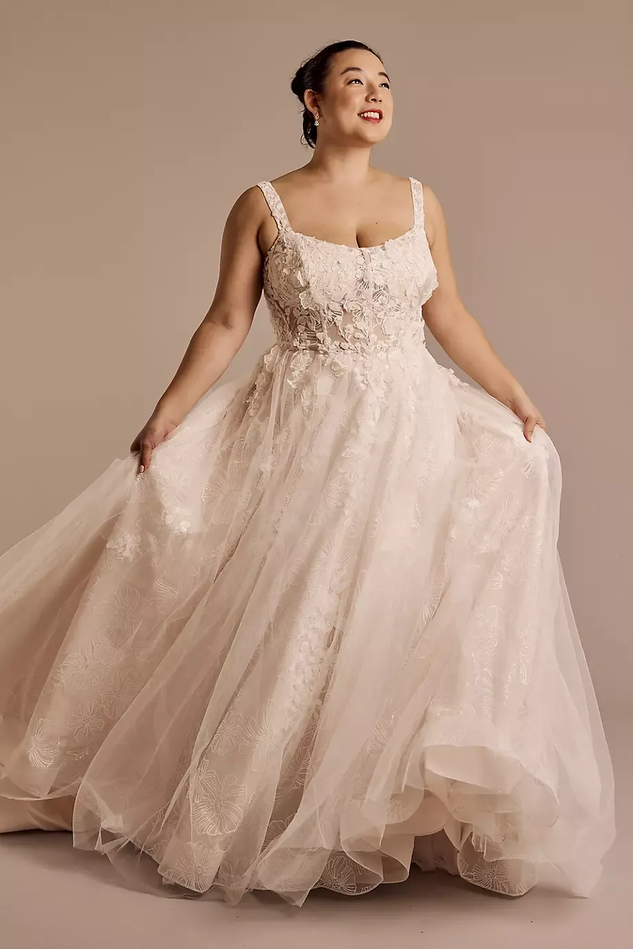 Melissa Sweet Scoop Neck Illusion Bodice Tank Ball Gown in Ivory/Stone Size: 22W David's Bridal