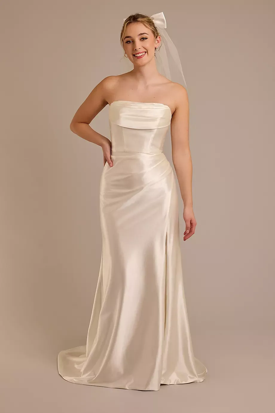 DB Studio Strapless Sculpting Satin Mermaid Wedding Dress in Ivory Size: 24W David's Bridal