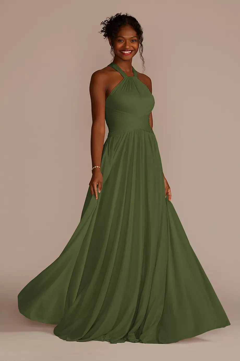 Celebrate DB Studio High-Neck Mesh Bridesmaid Dress With Full Skirt in Martini Olive Size: 2 David's Bridal