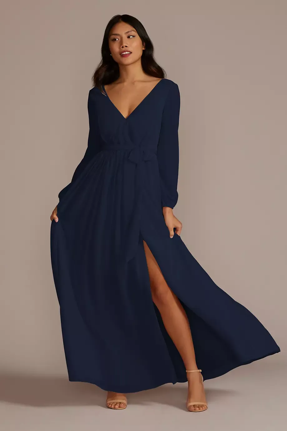 Celebrate DB Studio Long Sleeve Chiffon Dress With Slit in Marine Size: 0 David's Bridal