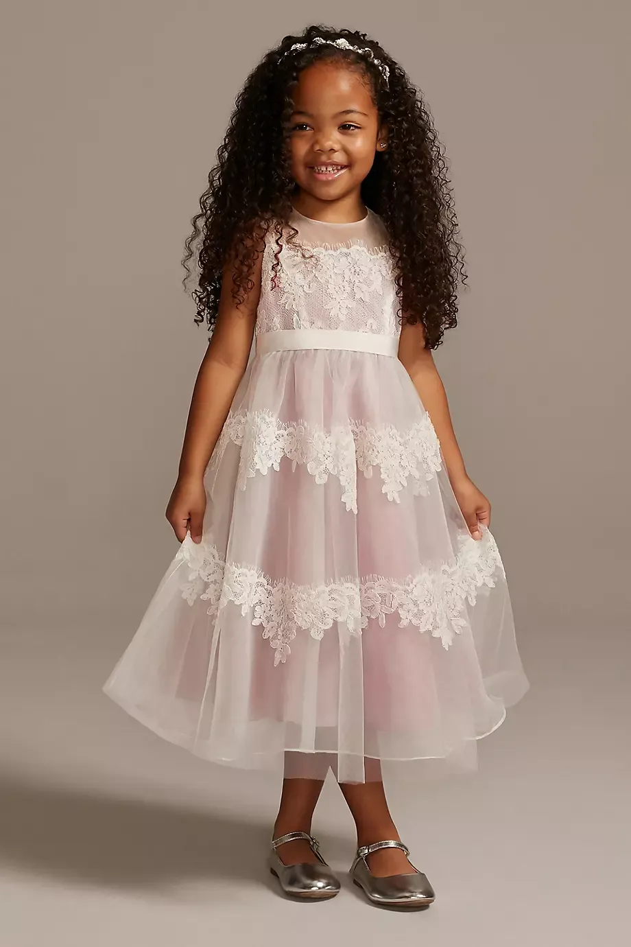 Banded Lace Illusion Flower Girl Dress in Ivory Size: 8 David's Bridal