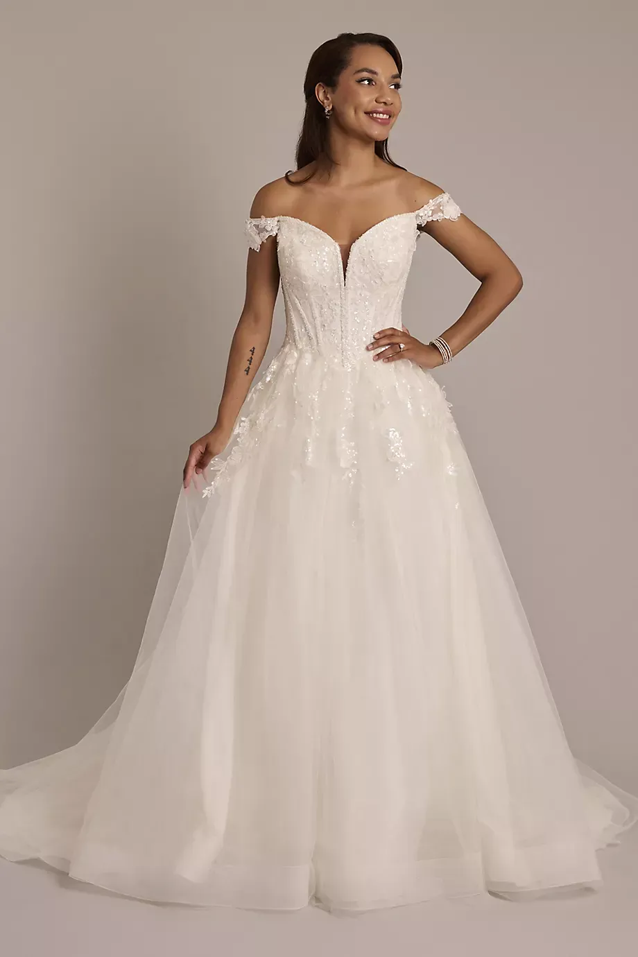 Oleg Cassini Lace And Tulle Ball Gown Wedding Dress in Ivory/Cocoa Size: 10 David's Bridal