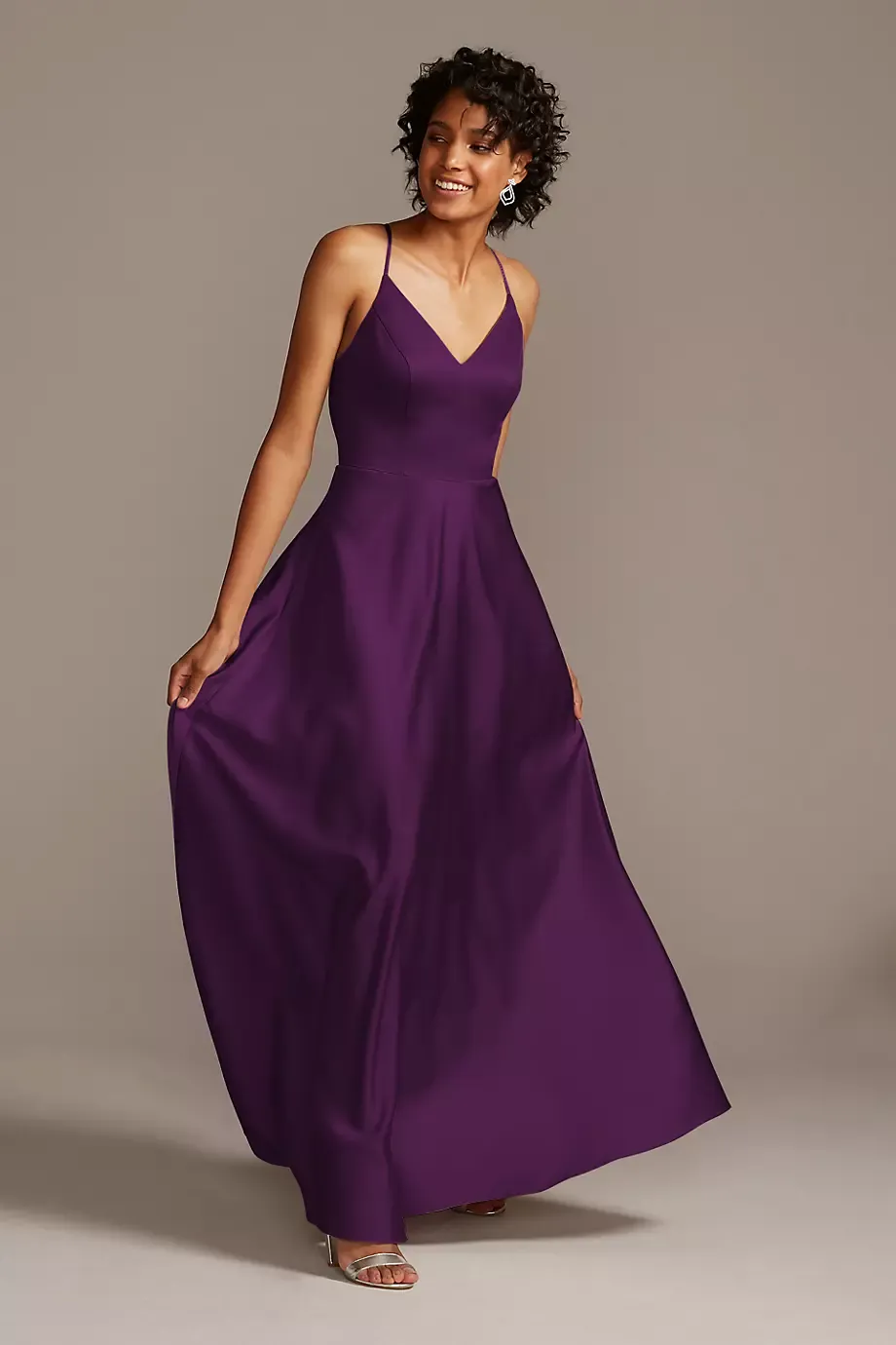Celebrate DB Studio Spaghetti Strap Satin A-Line Long Bridesmaid Dress in Plum Size: 24 David's Bridal