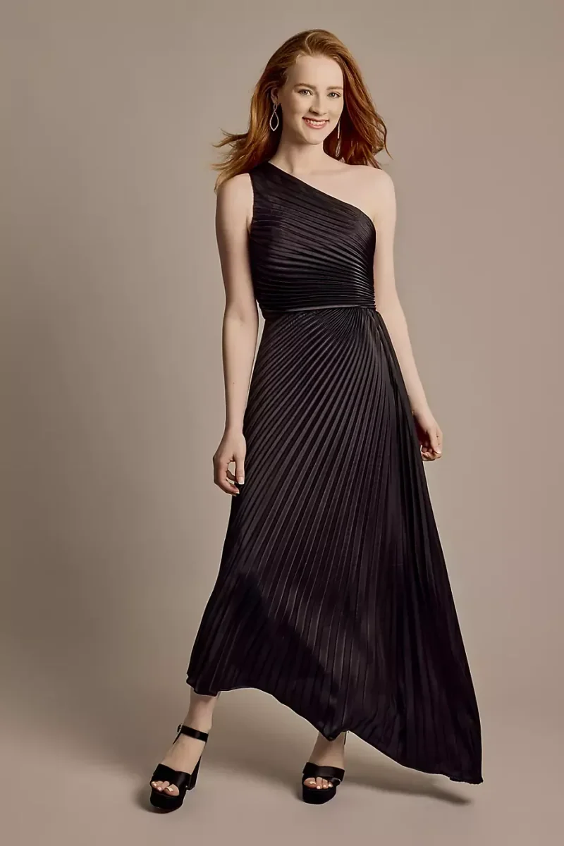 DB Studio One-Shoulder Pleated Midi Dress in Black Size: 12 David's Bridal