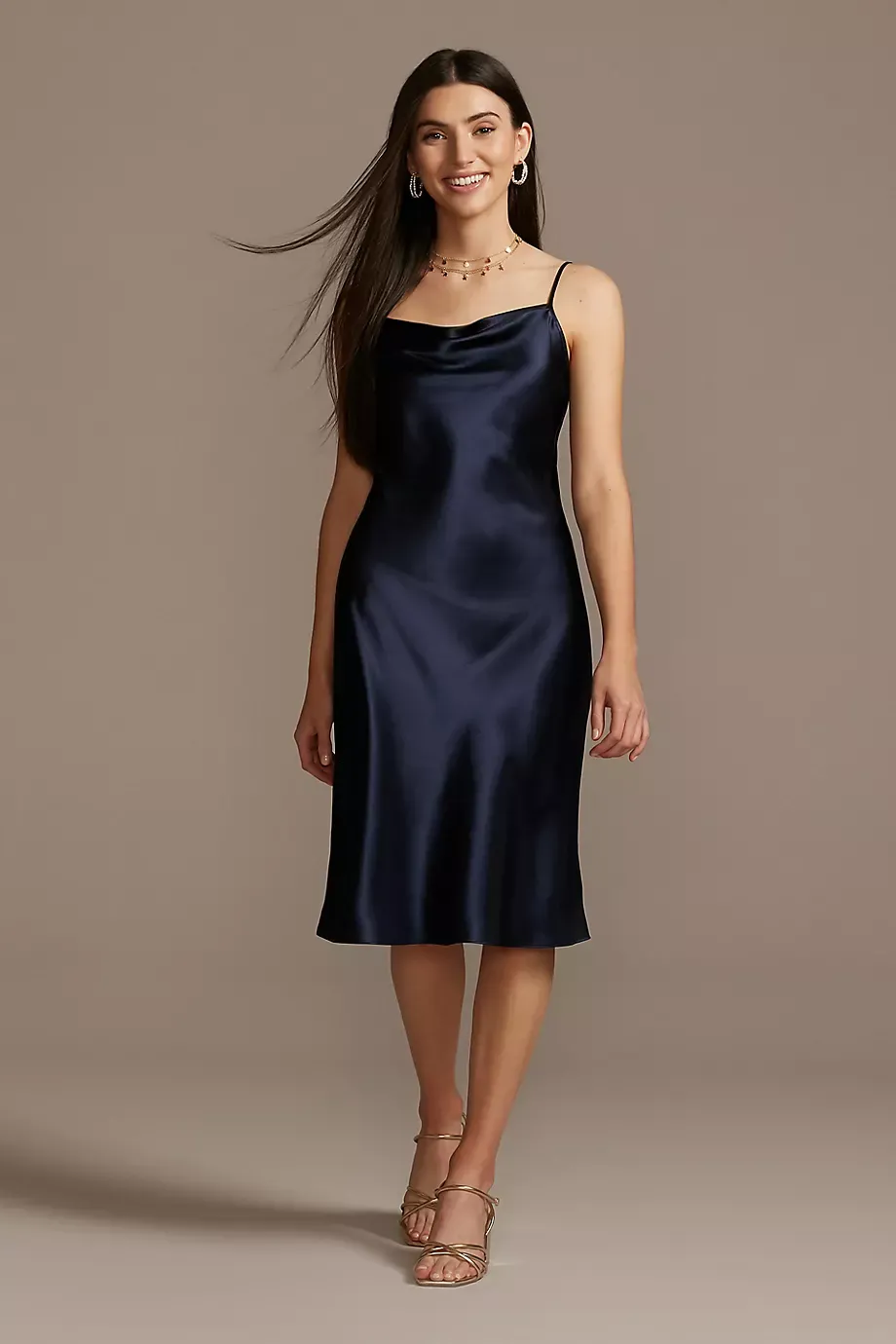 DB Studio Midi Satin Slip Dress With Spaghetti Straps in Marine Size: 8 David's Bridal