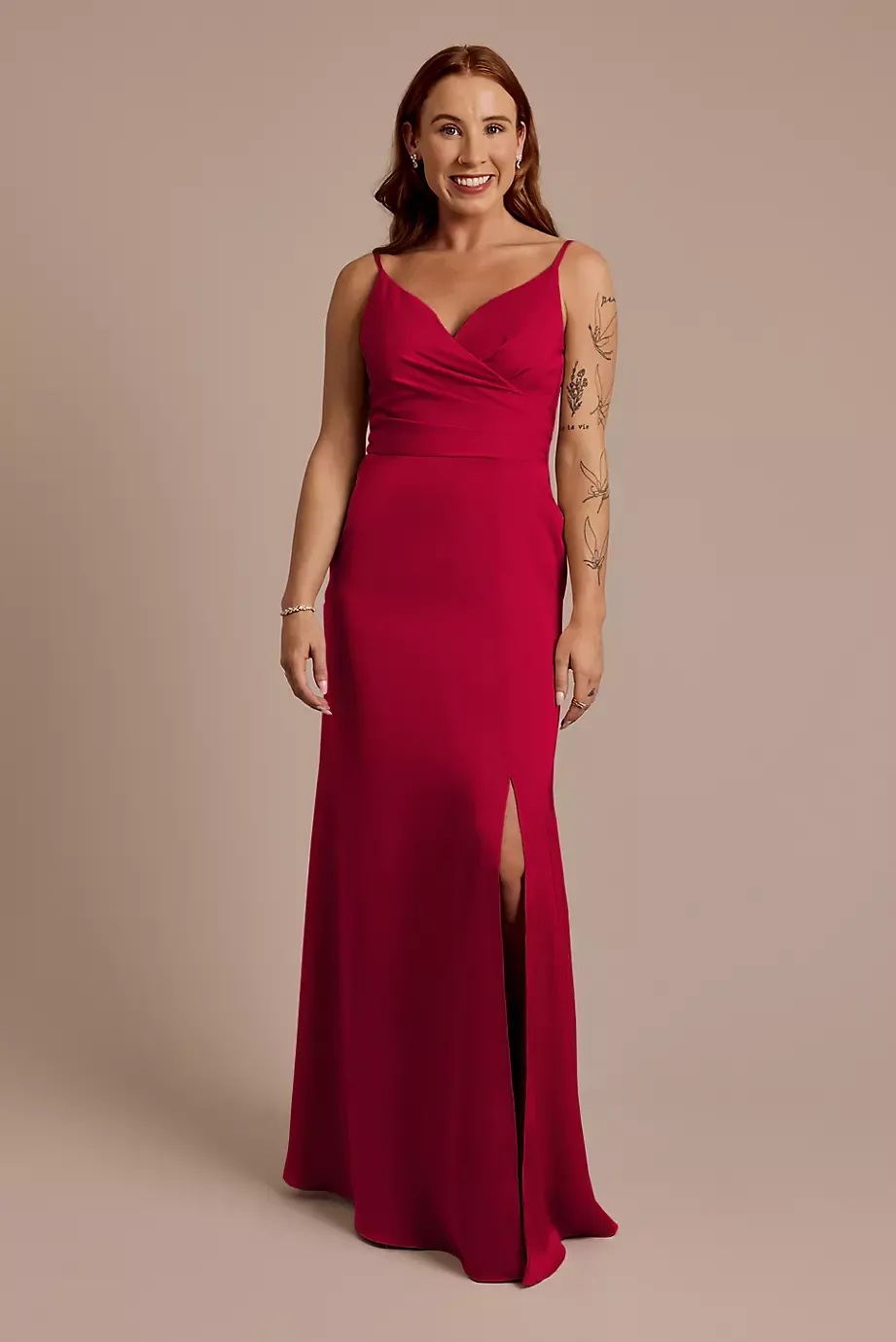 Celebrate DB Studio Matte Satin Spaghetti Strap Surplice A-Line Dress in Apple Size: 30 David's Bridal