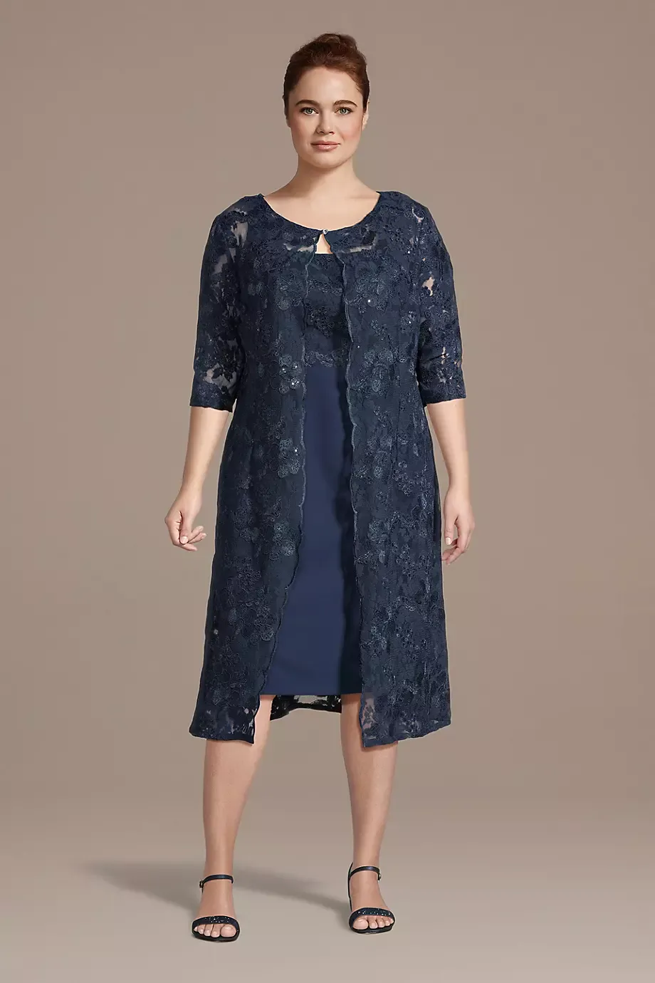 Oleg Cassini Crepe Sheath Dress With Coordinating Lace Jacket in Navy Size: 22W David's Bridal