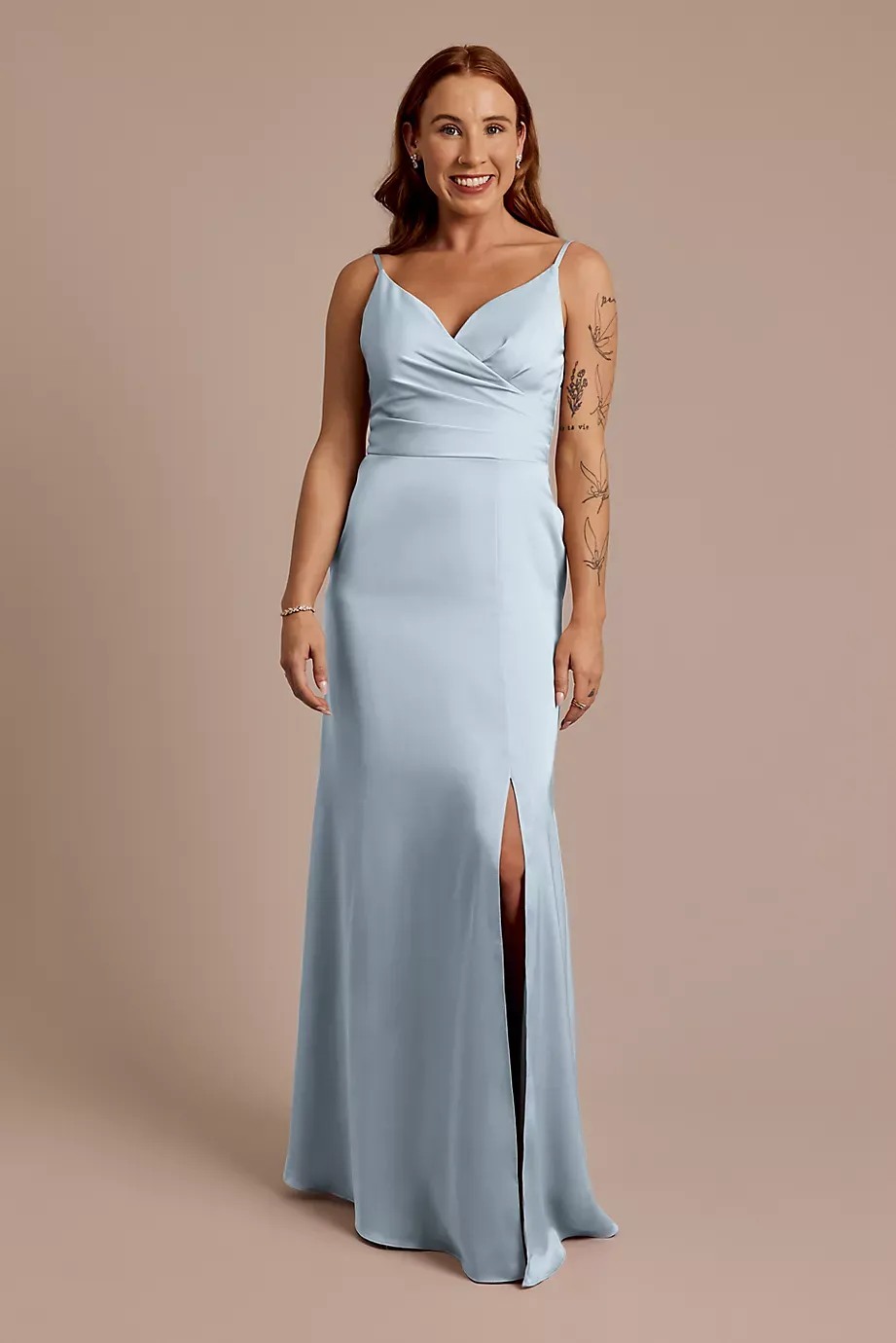 Celebrate DB Studio Matte Satin Spaghetti Strap Surplice A-Line Dress in Dusty Blue Size: 12 David's Bridal