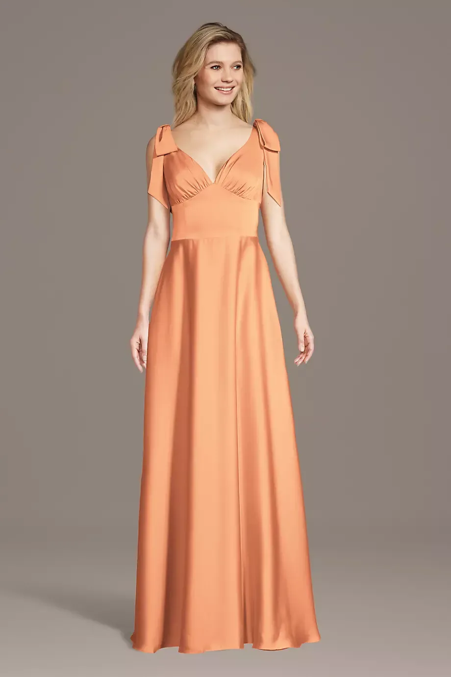 Celebrate DB Studio Matte Satin Bow Shoulder A-Line Dress in Orange Sorbet Size: 2X David's Bridal