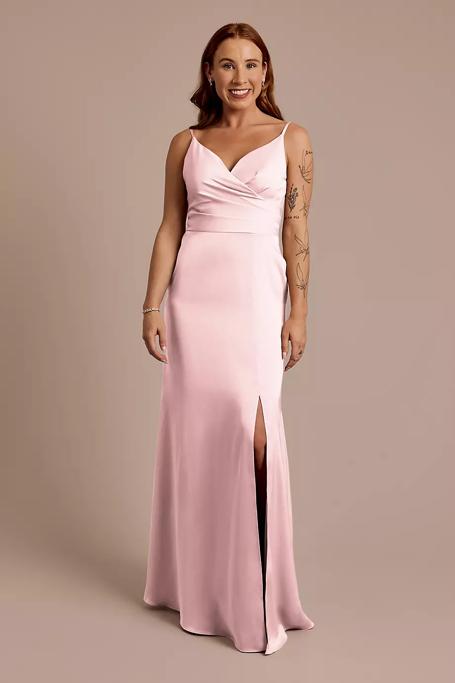 Celebrate DB Studio Matte Satin Spaghetti Strap Surplice A-Line Dress in Pastel Pink Size: 16 David's Bridal