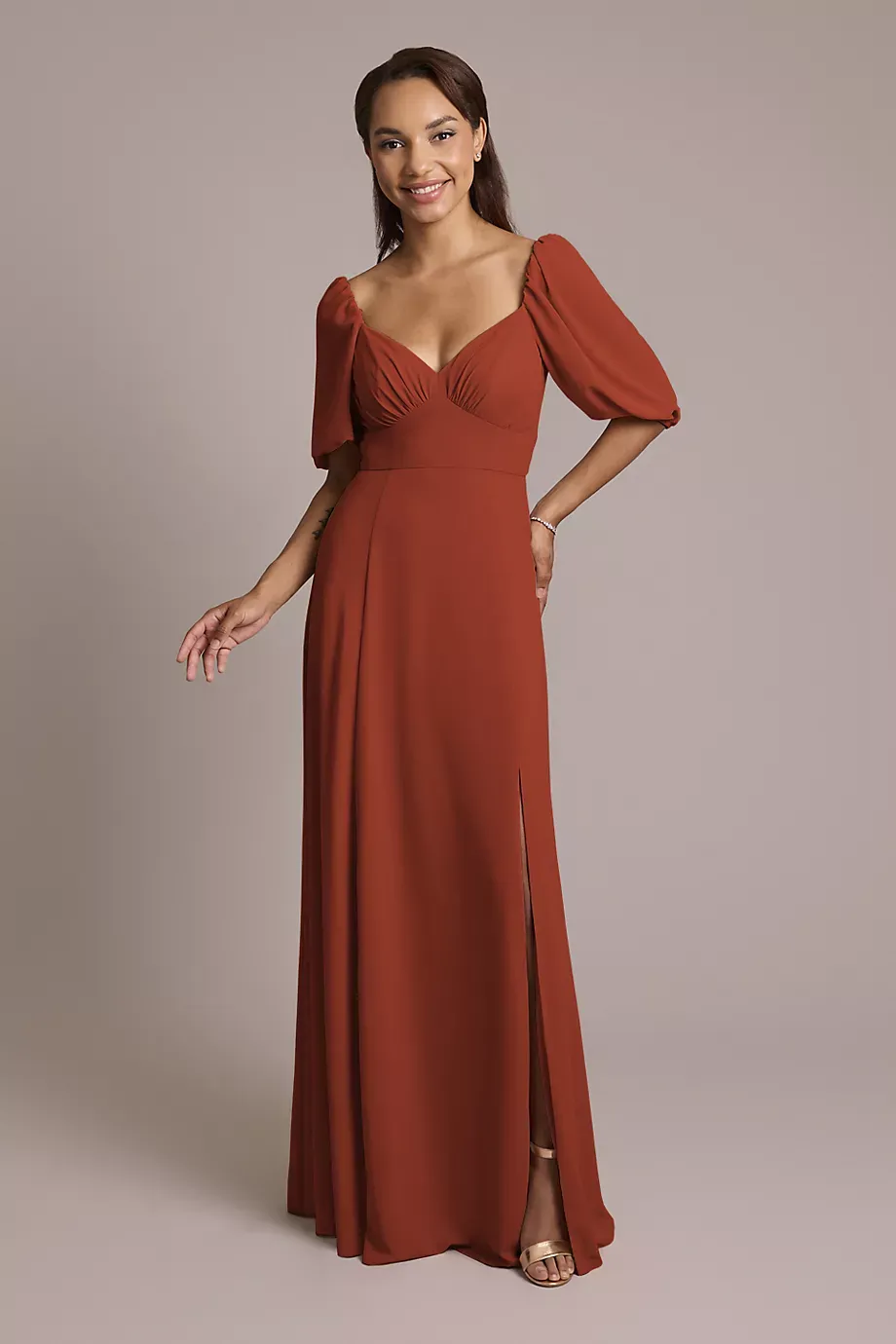 Celebrate DB Studio Chiffon Short Sleeve A-Line Dress in Cinnamon Size: 26 David's Bridal