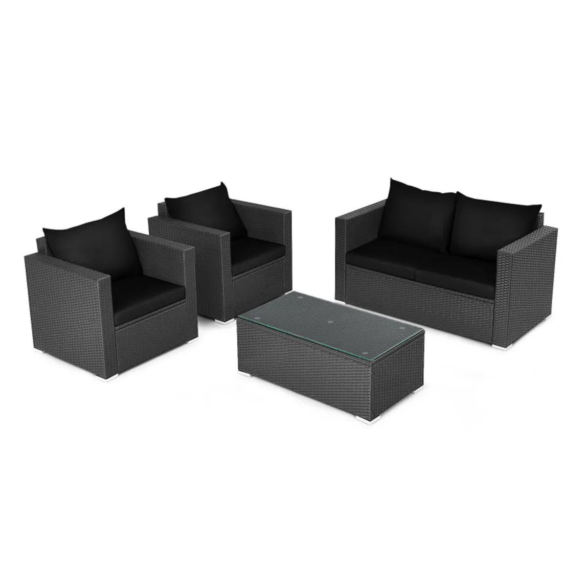 4-Piece Rattan Conversation Patio Set with Padded Cushion - Red