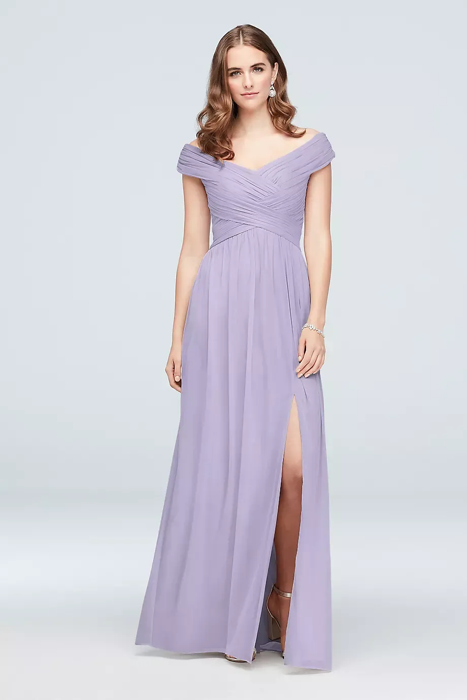Celebrate DB Studio Crisscross Off-The-Shoulder Mesh Bridesmaid Dress in Iris Size: 18 David's Bridal