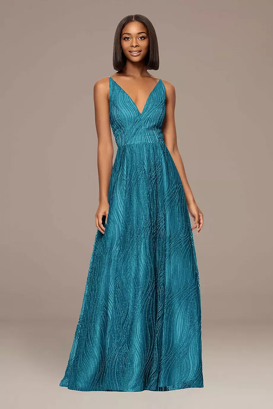 Blondie Nites Glitter Encrusted V-Neck Ball Gown in Teal Size: 7 David's Bridal