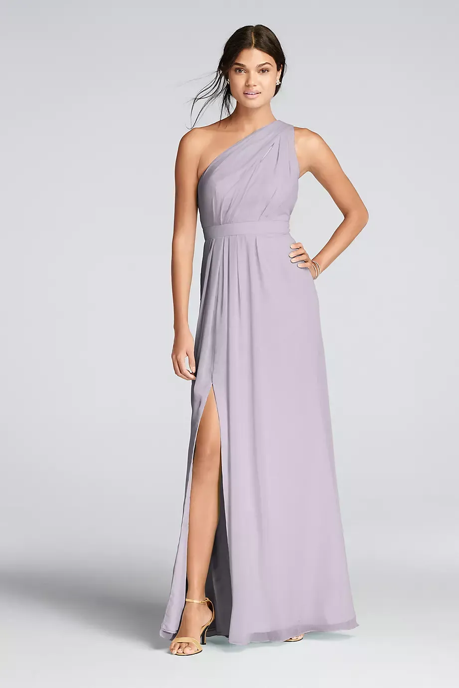 Celebrate DB Studio Long One-Shoulder Crinkle Chiffon Dress in Lavender Haze Size: 2 David's Bridal