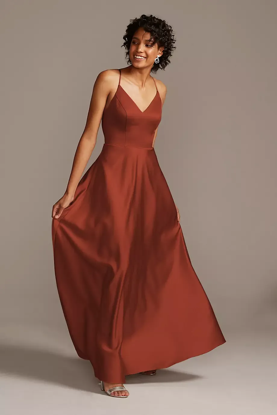 Celebrate DB Studio Spaghetti Strap Satin A-Line Long Bridesmaid Dress in Cinnamon Size: 30 David's Bridal