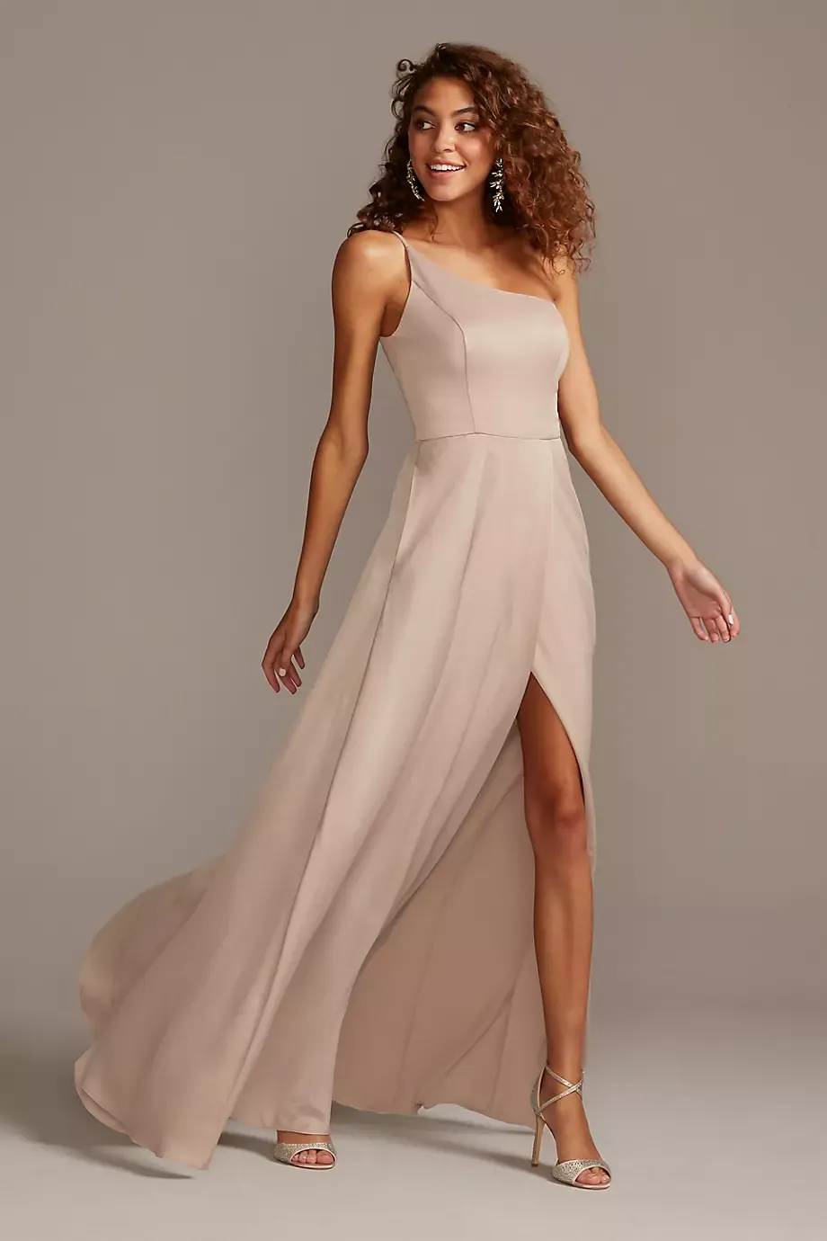 Celebrate DB Studio Crepe-Back Satin One-Shoulder Dress in Biscotti Size: 28 David's Bridal