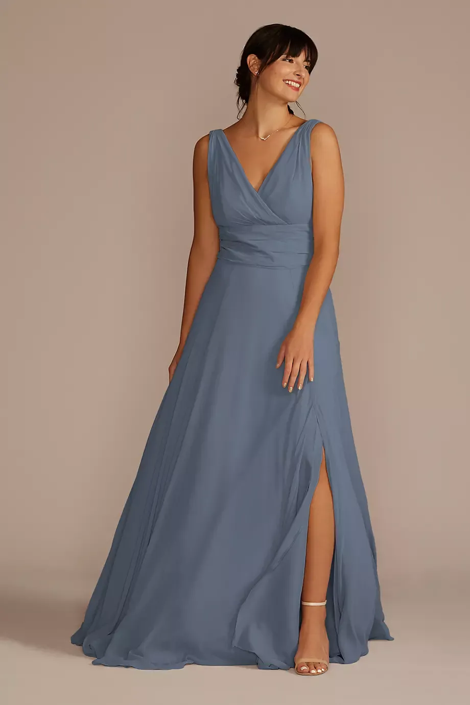 Celebrate DB Studio Long Chiffon Surplice Tank Dress in Steel Blue Size: 16 David's Bridal