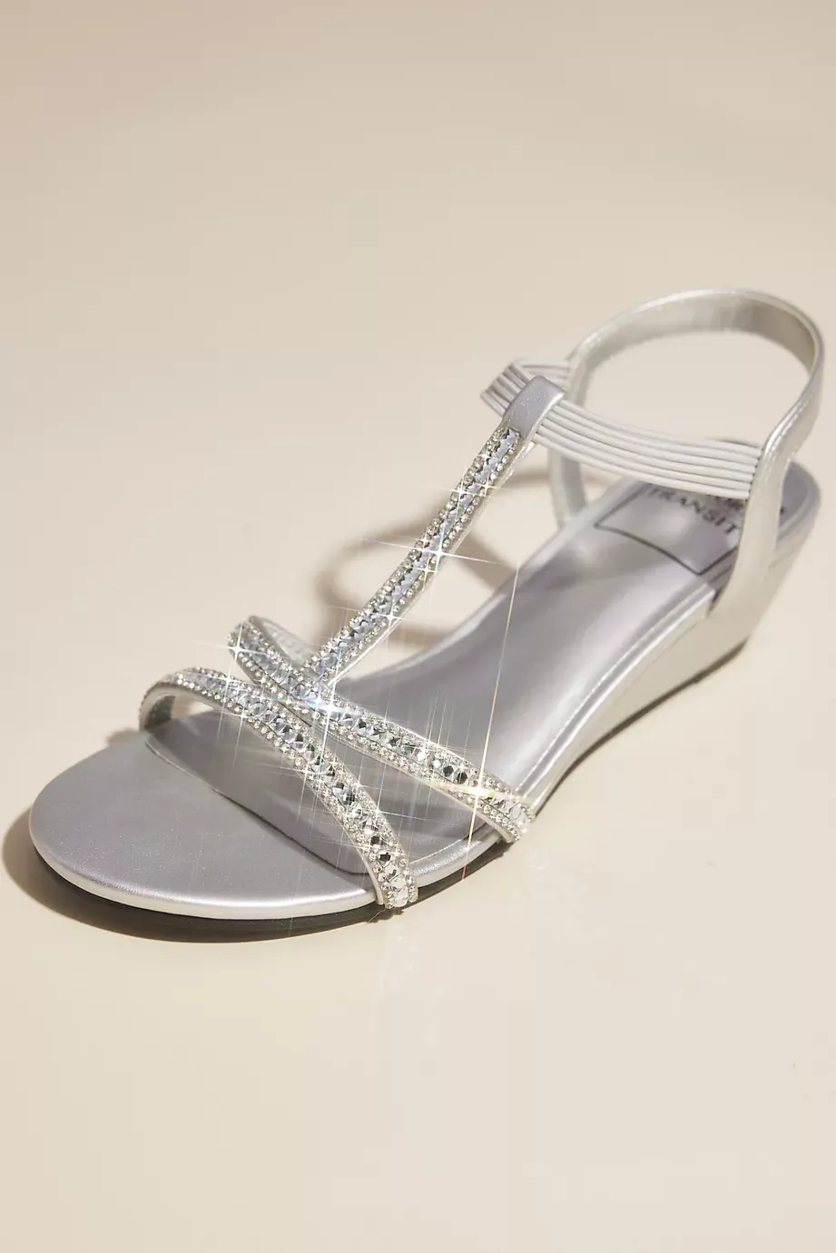 New York Transit Rhinestone T-Strap Low Wedge Heel Sandals in Silver Size: 7.5 David's Bridal