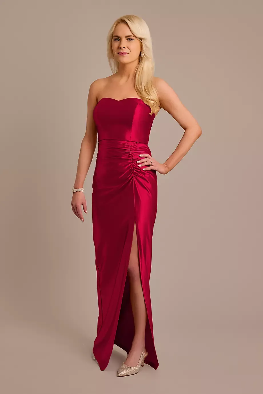 Celebrate DB Studio Sculpting Satin Sweetheart Ruched Dress in Apple Size: 2 David's Bridal