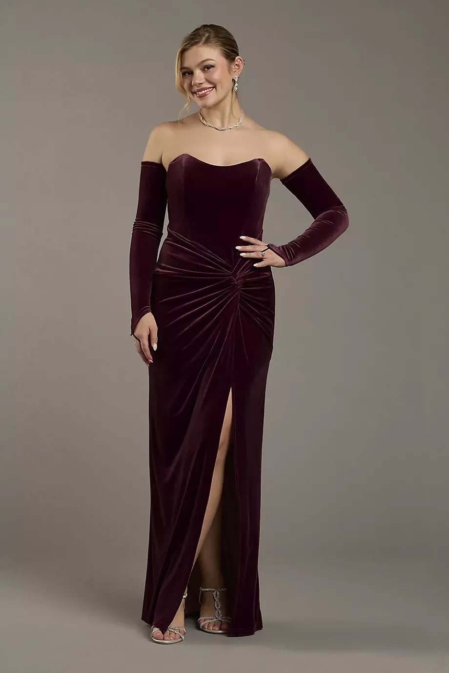 Galina Signature Strapless Velvet Sheath Dress With Matching Gloves in Wine Size: 22 David's Bridal