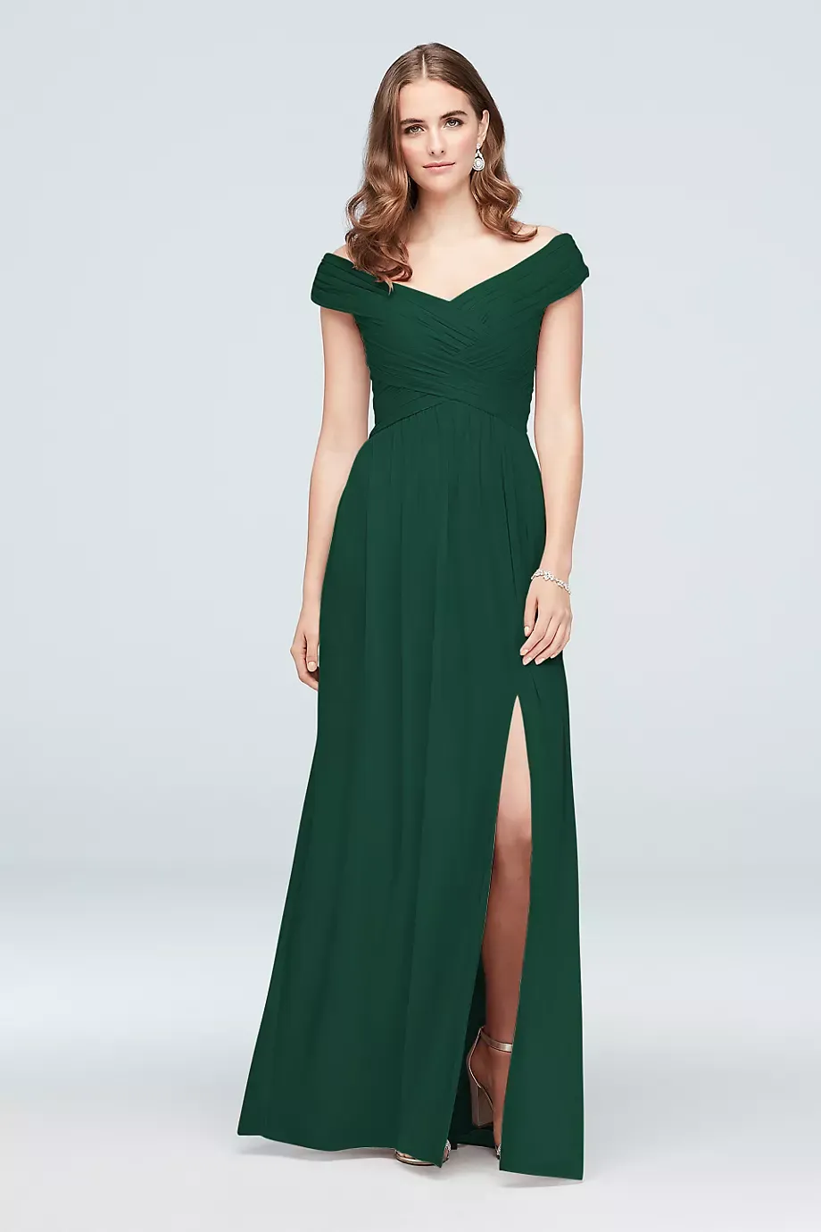 Celebrate DB Studio Crisscross Off-The-Shoulder Mesh Bridesmaid Dress in Juniper Size: 20 David's Bridal