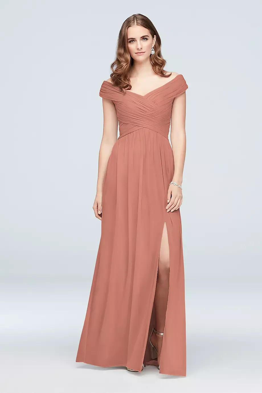 Celebrate DB Studio Off-The-Shoulder Mesh Tall Bridesmaid Dress in Desert Coral Size: 30 David's Bridal