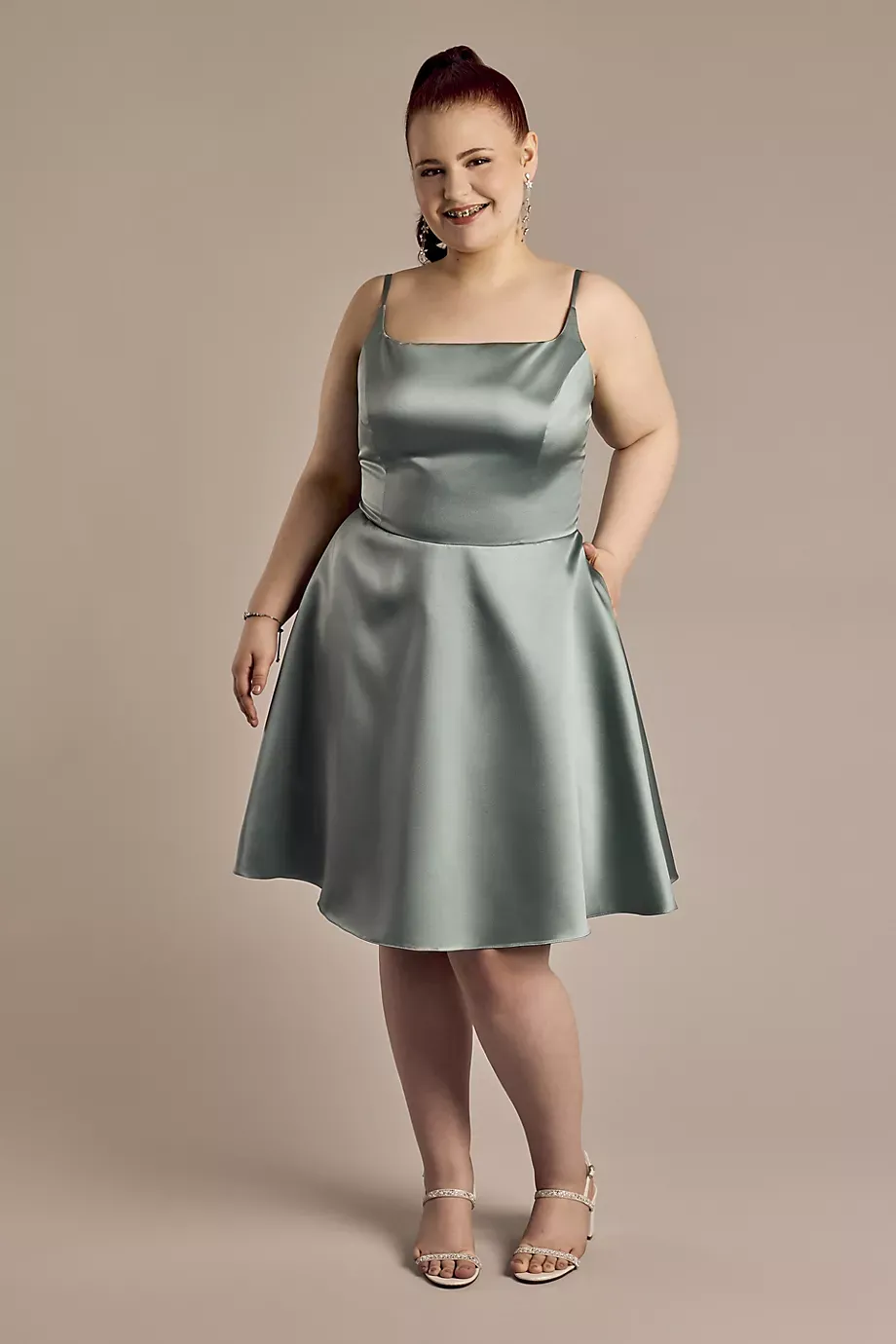 Jules and Cleo Square Neck Mini Dress With Lace-Up Back in Blue Spruce Size: 22 David's Bridal