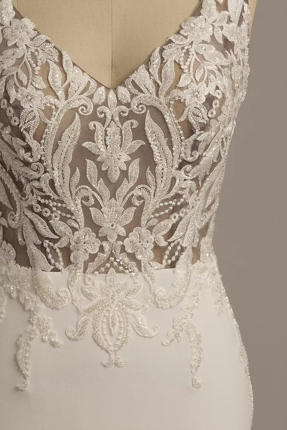 Galina Signature Illusion Lace Bodice Crepe Tank Wedding Dress in Ivory/Cocoa Size: 8 David's Bridal