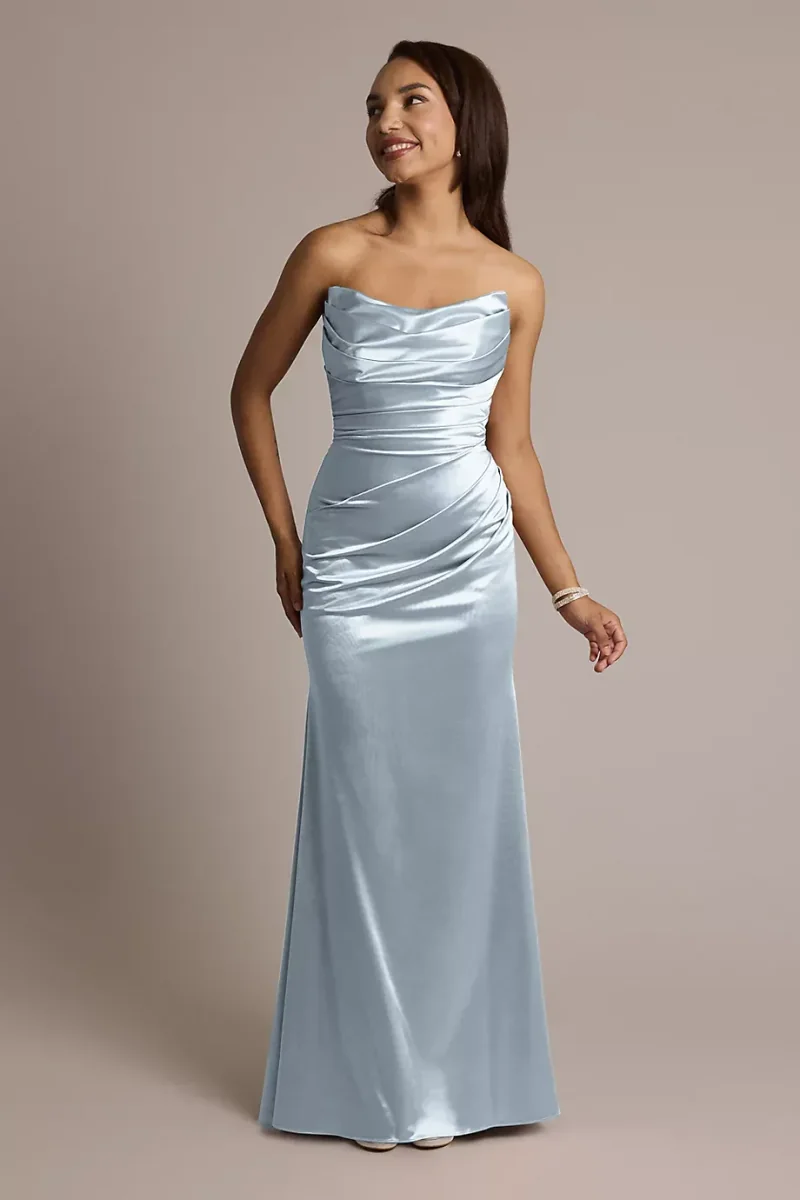 Galina Signature Sculpting Satin Strapless Mermaid Dress in Dusty Blue Size: 16 David's Bridal