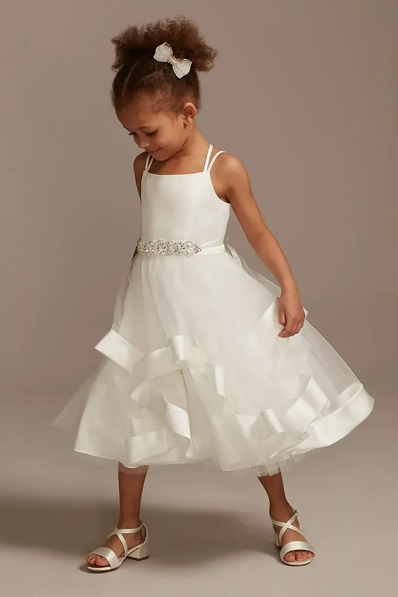 Double Strap Flower Girl Dress With Satin Edge Hem in Soft White Size: 8 David's Bridal