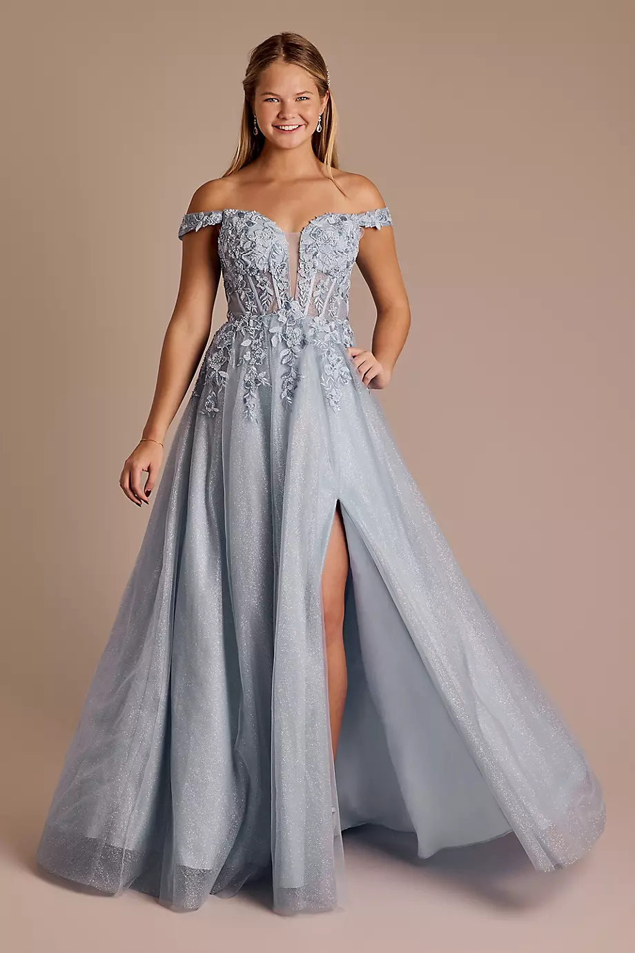 Jules and Cleo Off-The-Shoulder Corset Illusion Bodice Ball Gown in Blue Size: 2 David's Bridal