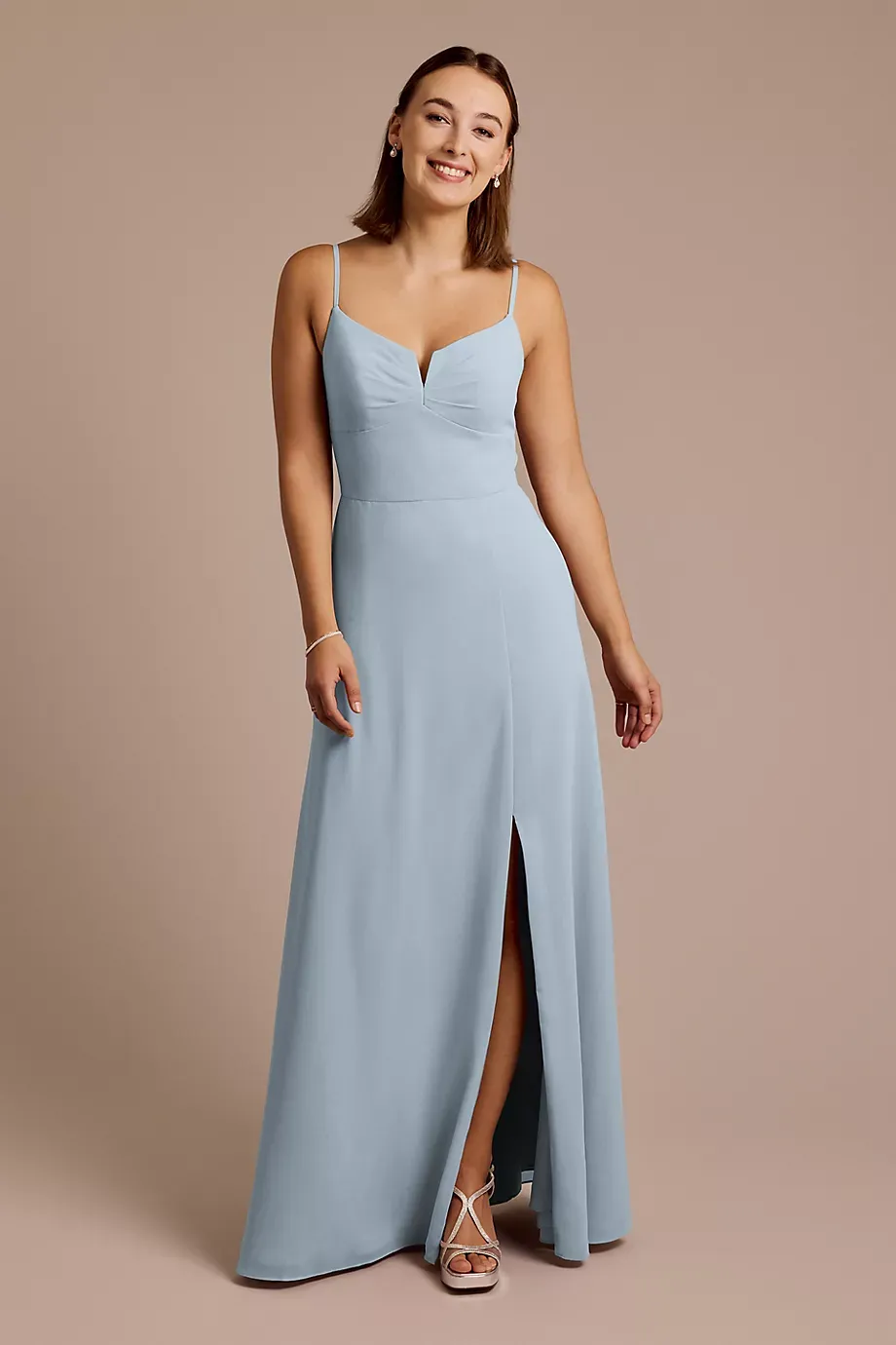 Celebrate DB Studio Chiffon Spaghetti Strap Sheath Dress in Dusty Blue Size: 6 David's Bridal